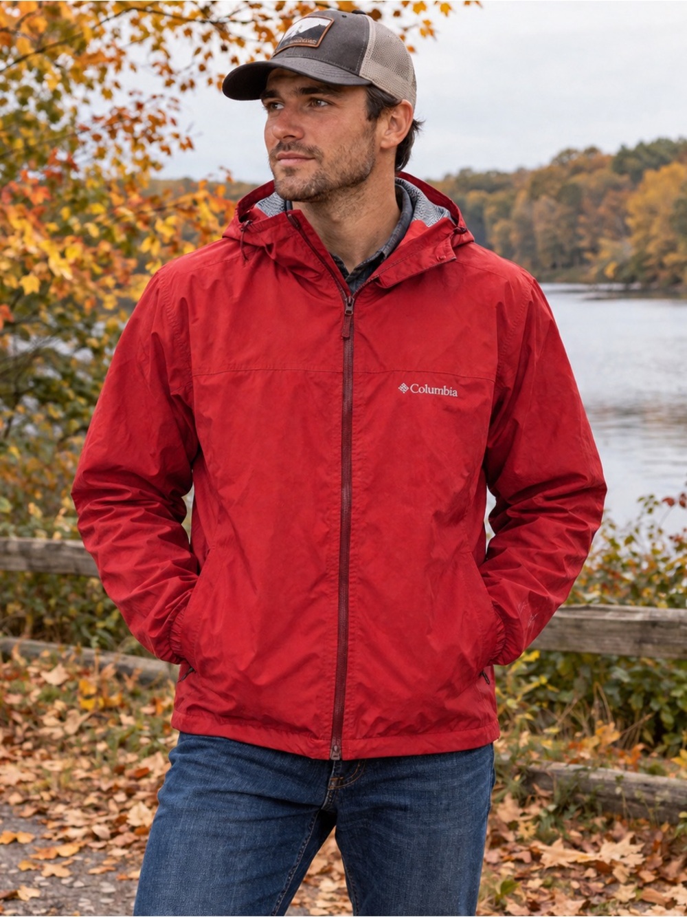 Columbia Rain Jacket Mens 3XL Red Omni Tech Hooded Waterproof Gorpcore Active